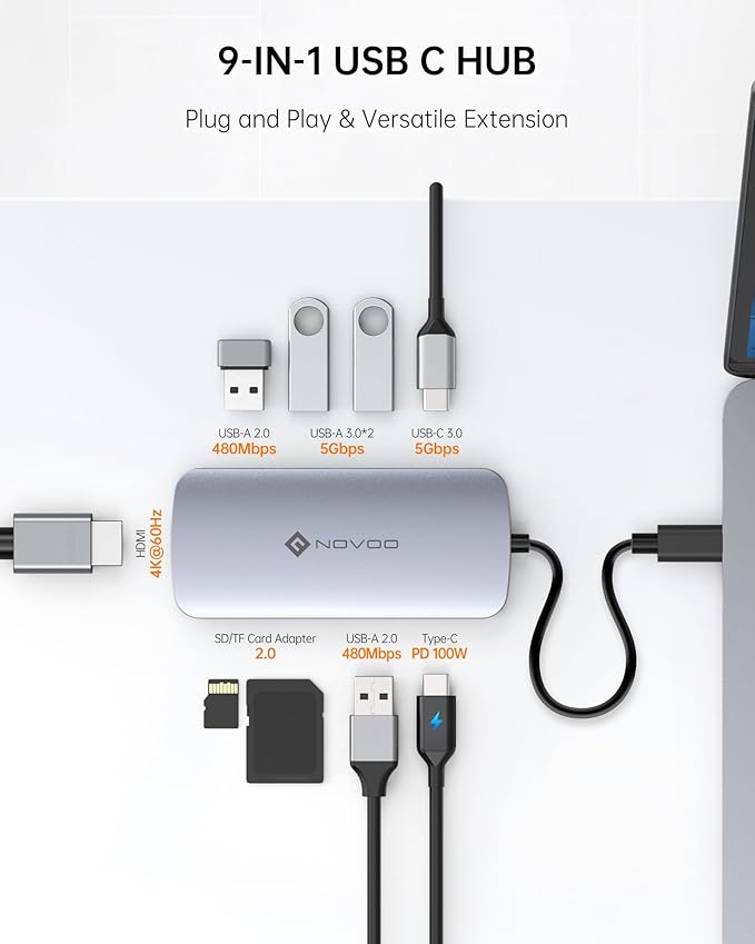 USB C Hub, 9 in 1 USB C Multiport Adapter