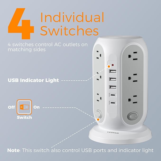 TESSAN Tower Power Strip with Individual Switches, Surge Protector with 12