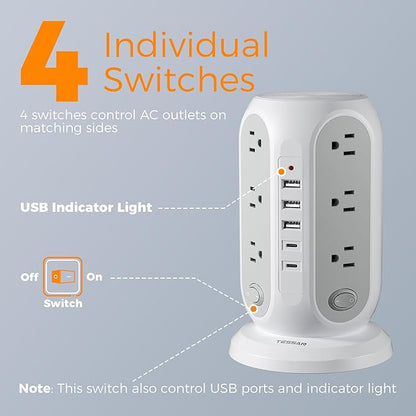 TESSAN Tower Power Strip with Individual Switches, Surge Protector with 12