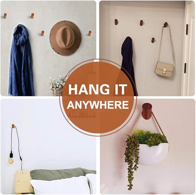 Wood Wall Hooks, 4 Pack Coat Hooks Wall Mounted, Rustic Wooden Heavy Duty Robe