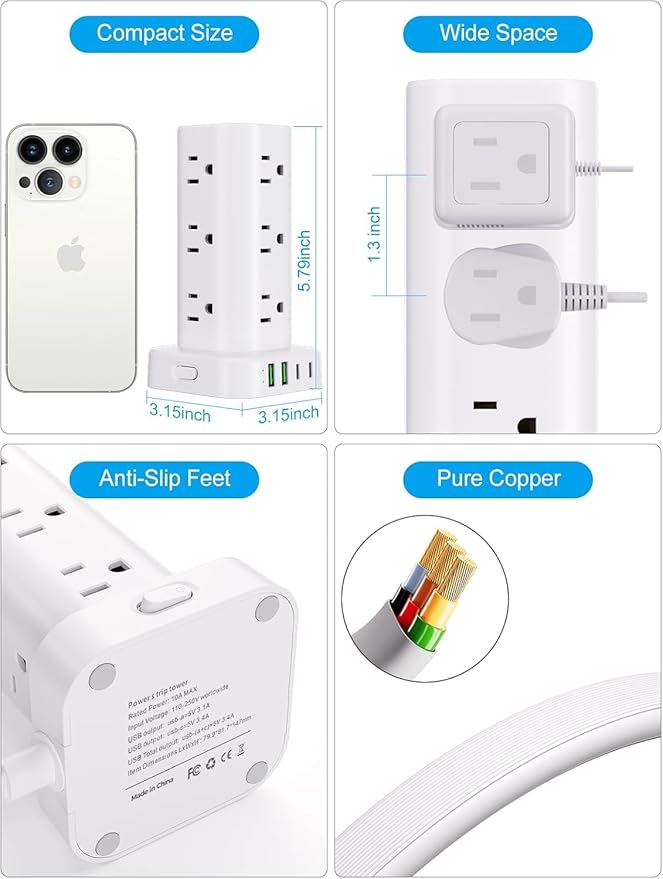 Power Strip Tower with Multiple Outlets, Flat Plug Surge Protector Tower