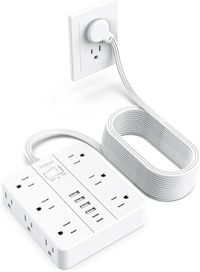Extension Cord 25 Ft, HUNIAN Flat Plug Power Strip Surge Protector, 12 Widely