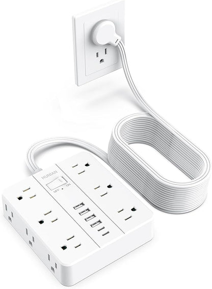 Extension Cord 25 Ft, HUNIAN Flat Plug Power Strip Surge Protector, 12 Widely