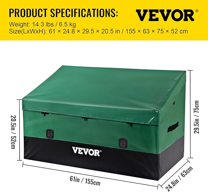 VEVOR Outdoor Storage Box, 150 Gallon Waterproof PE Tarpaulin Deck Box w/Galvanized Frame, All-Weather Protection & Portable, for Camping, Garden, Poolside, and Yard, Black & Green