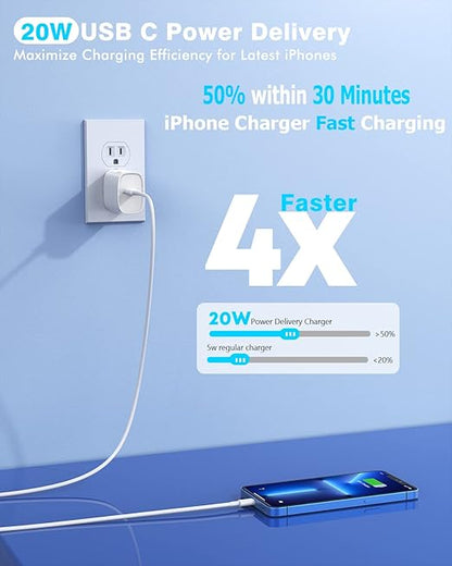 Fast iPhone Charger, Quick 10Foot USBC Wall Charger Phone Charge 2Pack 20W PD