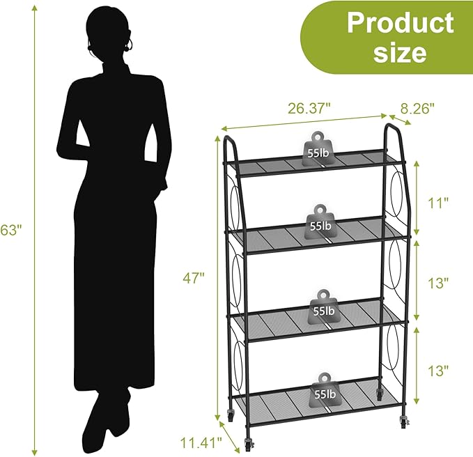 4 Tier Plant Stand with Wheels, Plant Shelf for Indoor Outdoor, Heavy Duty Metal Tall Plant Stands Holder Rack for Living Room Balcony and Garden, Black