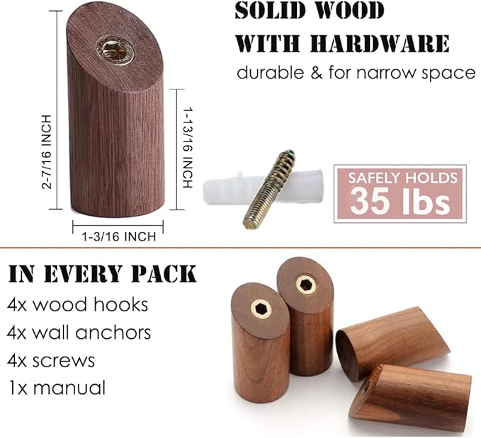 Wood Wall Hooks, 4 Pack Coat Hooks Wall Mounted, Rustic Wooden Heavy Duty Robe