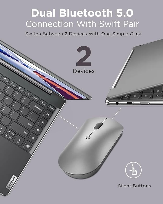 Lenovo 600 Bluetooth Silent Mouse, Adjustable DPI, 4 Button, Microsoft Swift