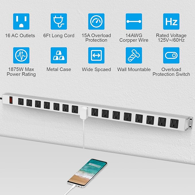 JUNNUJ Metal 16 Outlet Power Strip, Mountable Heavy Duty Power Strip, 1200J