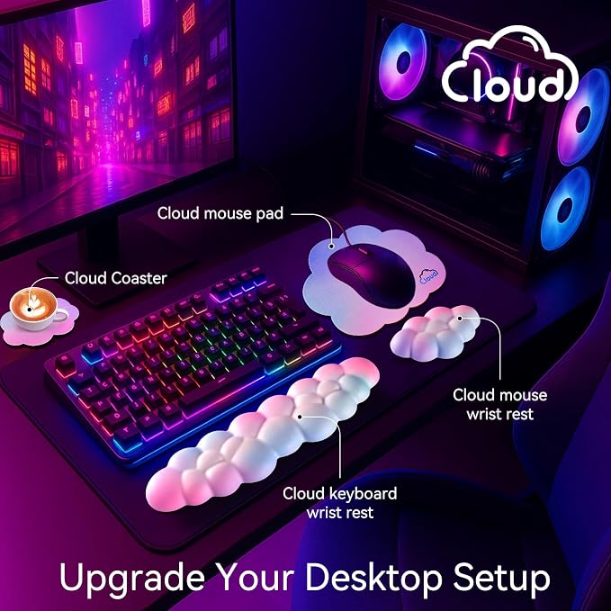 Cloud Wrist Rest for Computer Keyboard, 4-in-1 Memory Foam Leather Cloud