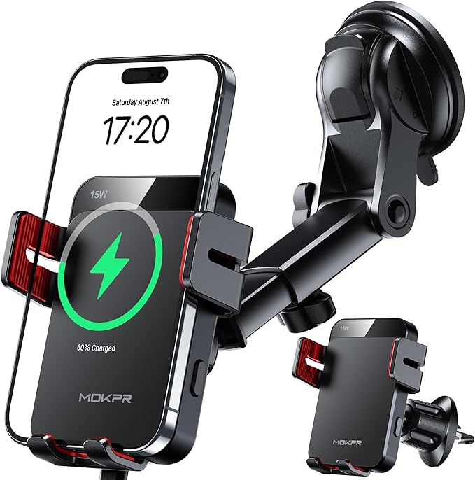 MOKPR Wireless Car Charger, 15W Auto Clamping Car Charger Dash Windshield Air