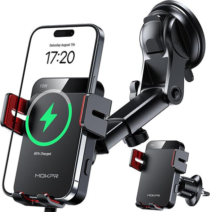 MOKPR Wireless Car Charger, 15W Auto Clamping Car Charger Dash Windshield Air