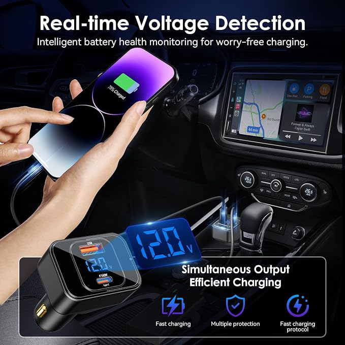 170W PD3.1 Car Charger with LED Voltage Display, USB-C Cigarette Lighter