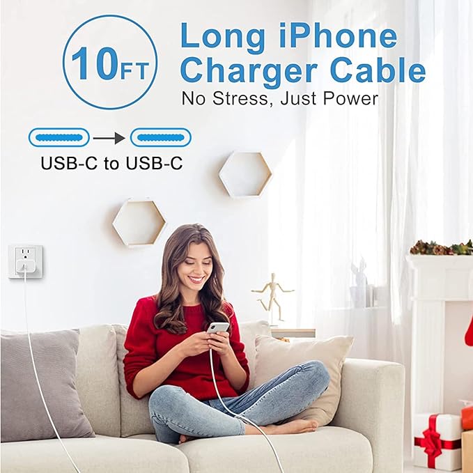 iPhone 15 16 Charger Fast Charging, Extra Long 10FT USB C to USB C Cable 20W