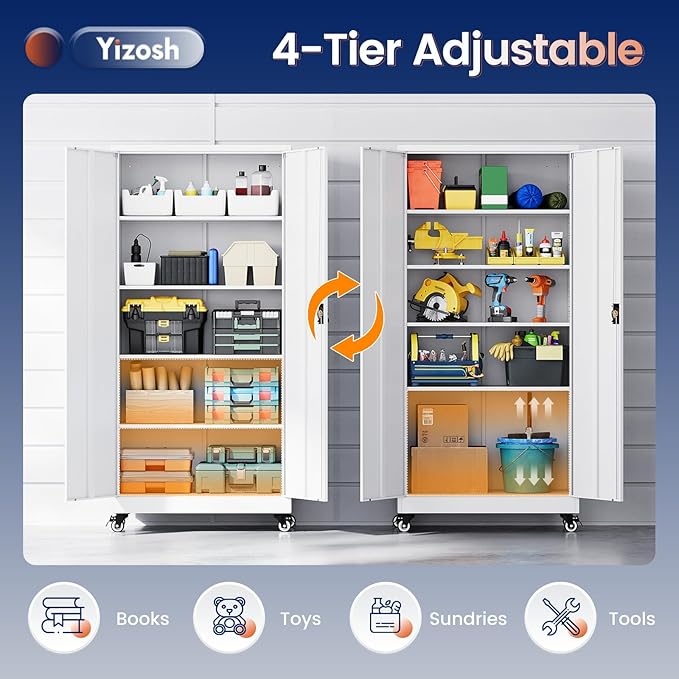 Yizosh Metal Garage Storage Cabinet with Locking Doors and Adjustable Shelves,- 75" Rolling Steel Tool Cabinet for Home Office,Garage,Warehouse