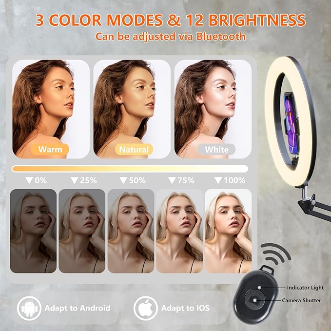 Overhead Phone Mount with Ring Light, 10’’ LED Selfie Light