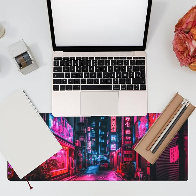 Desk Mat, Japanese Anime Neon Street Desk Pad, Anime City Large Gaming Mouse Pad