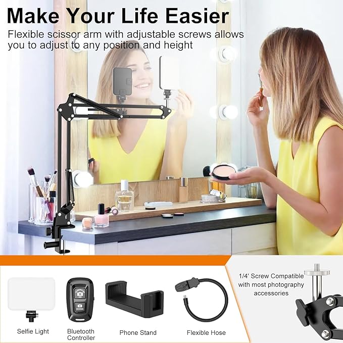 Overhead Phone Mount with 60 LED Portable Selfie Light and Phone Holder