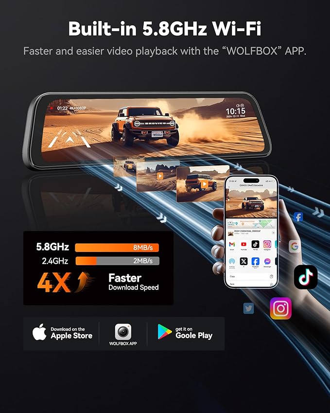 WOLFBOX G840S 12" 4K Mirror Dash Cam Backup Camera, 5.8GHz WiFi Smart Rearview