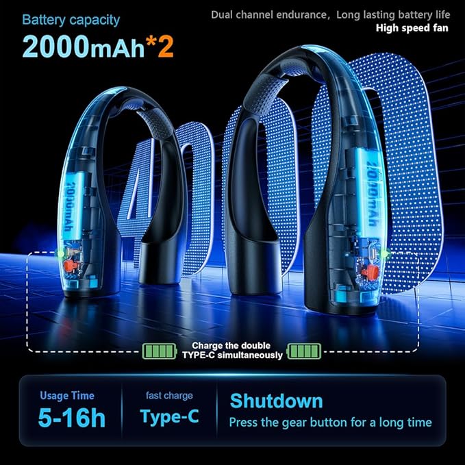 AI Neck Fan, 4 Speeds Adjustable Portable Personal Fan Rechargeable, 4000 mAh