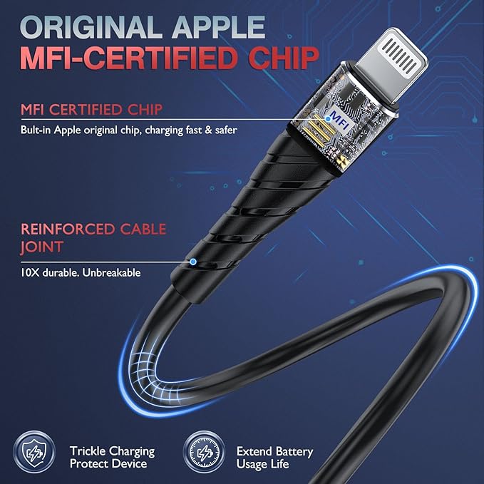 OIITH Apple MFi Certified iPhone Charger Cable 3 Pack 10 Ft, Extra Long