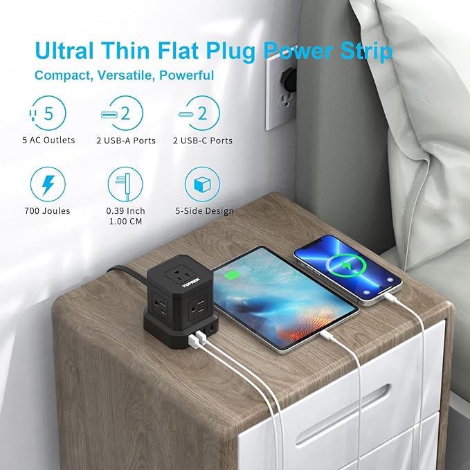 Power Strip with USB, USB C Power Strip with 5 Outlets, 2 USB-C & 2 USB-A