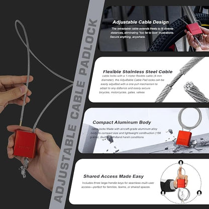 Cable Padlock with 3 Keys | L 1.15ft, D 1/6in Adjustable Steel Cable Lock |
