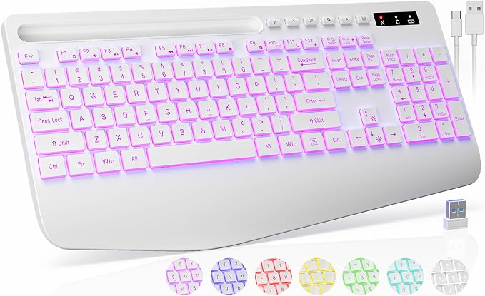 Wireless Keyboard with 7 Colored Backlit, Wrist Rest, Phone Holder,