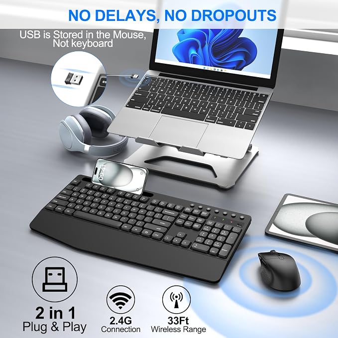 EDJO Wireless Keyboard and Mouse Combo, Full-Size Ergonomic Wireless Computer