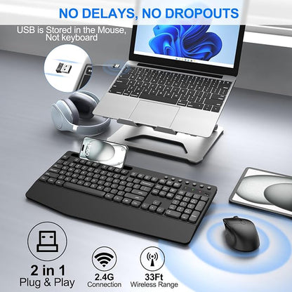 EDJO Wireless Keyboard and Mouse Combo, Full-Size Ergonomic Wireless Computer