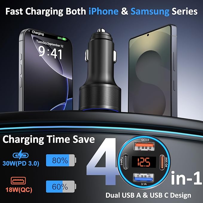 USB C Car Charger, 4-Port 65W Dual 12V USB-A & USB-C Car Phone Charger