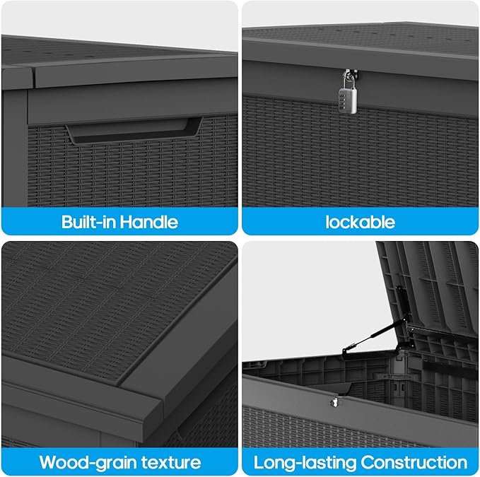 ROJIK Outdoor Storage Housing Deck Box - Waterproof Patio Furniture, Garden Tools, Cushions, Pool Accessories Storage Bench with Lockable Lid and Side Handles (Black, 315 Gal)