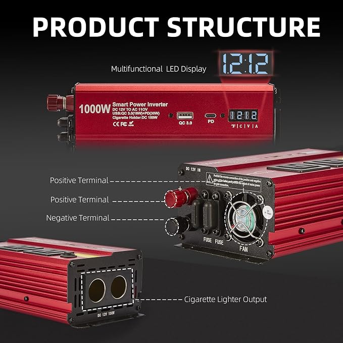 TWING Car 1000w Inverter, 12v DC to 110v Power Inverters