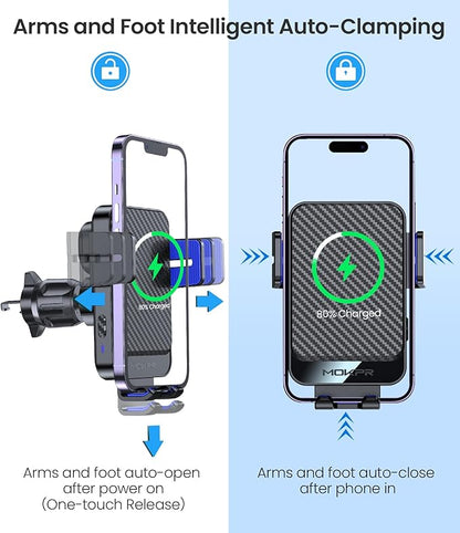 Wireless Car Charger, MOKPR 15W Fast Charging Auto-Clamping Car Mount