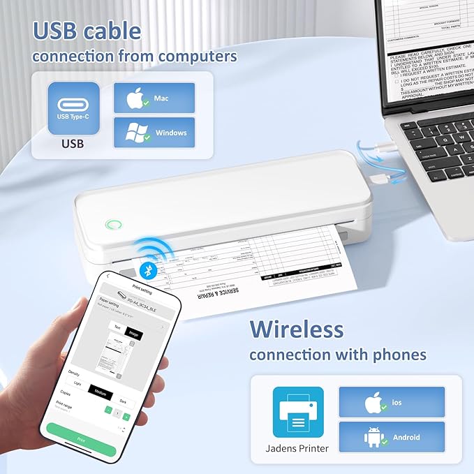 Inkless Portable Printer for Travel, Wireless Thermal Printer Supports 8.5 x 11