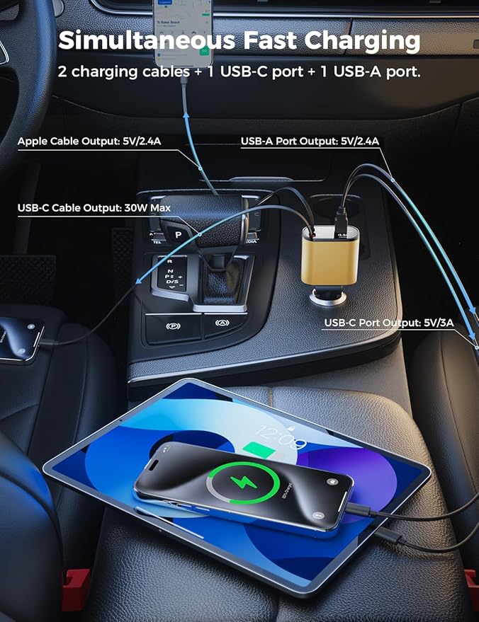 【Upgraded】 SUPERONE Retractable Car Charger 4 in 1, Fast Car Phone Charger