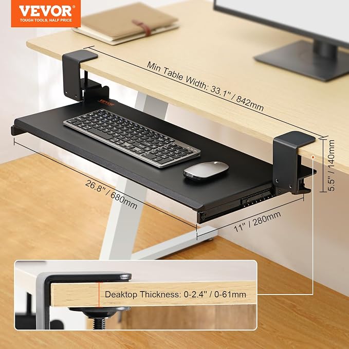 VEVOR Clamp on Keyboard Tray Under Desk, Desk Keyboard Tray Slide Out