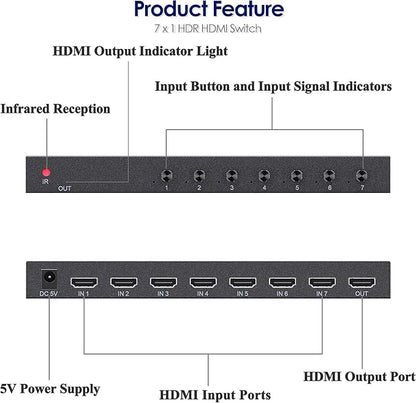 7 Way HDMI Switch 4k@60Hz HDMI Switcher 7 in 1 Out HDCP 2.0 Manual HDMI 2.0 Hub