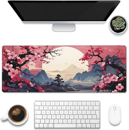Pink Cherry Blossom Tree Desk Pad, Mountains and Sun Large Gaming Mouse Mat