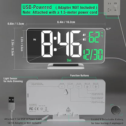 KOSUMOSU Alarm Clock for Bedroom, 6.7" Led Desk Digital Clock, Mirror Clock