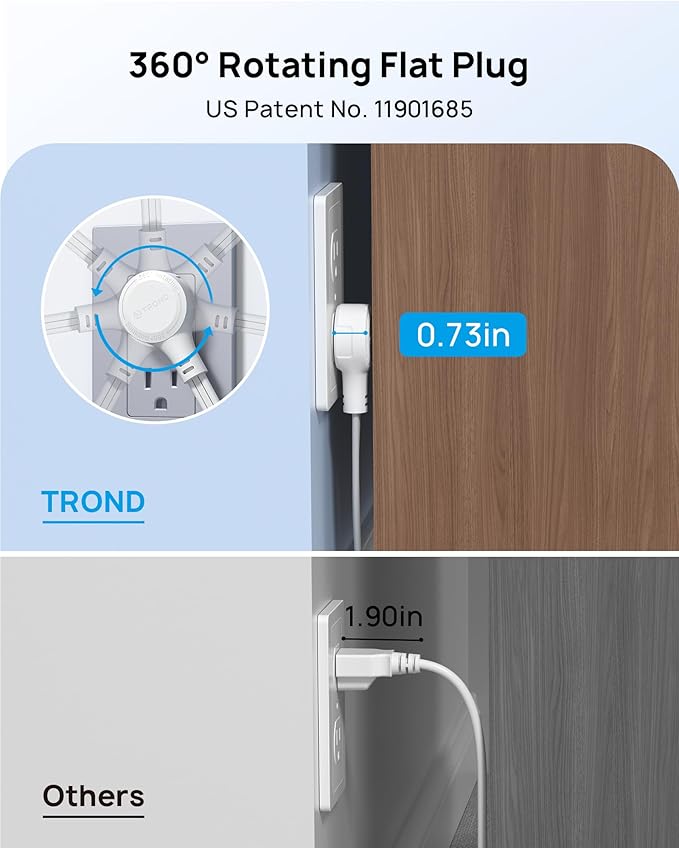 TROND 360° Rotating Flat Plug Extension Cord Surge Protector 10ft, Small Power