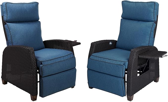 Grand patio Outdoor Reclining Chairs with Extended Footrest 2-Piece Adjustable Patio Wicker Lounge Recliner up to 150° with Flip Side Table Peacock Blue