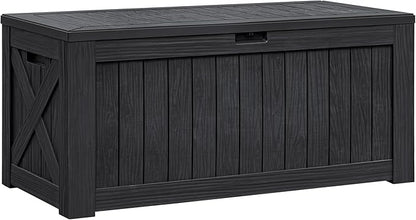 Flamaker Resin Deck Box 120 Gallon Waterproof Large Outdoor Indoor Storage Box Imitation Wood Resin for Patio Furniture Garden Tools and Pool (Black)