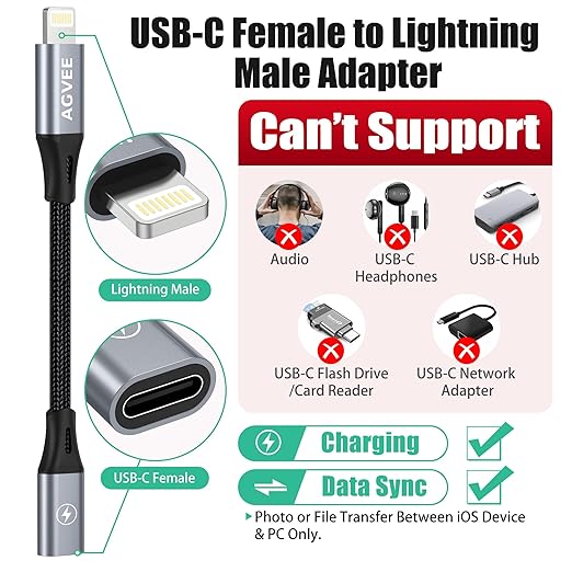 AGVEE 2 Pack 4 inch USB-C Female to Lightning Male Adapter, 30W Fast Charging