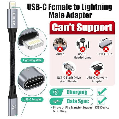 AGVEE 2 Pack 4 inch USB-C Female to Lightning Male Adapter, 30W Fast Charging