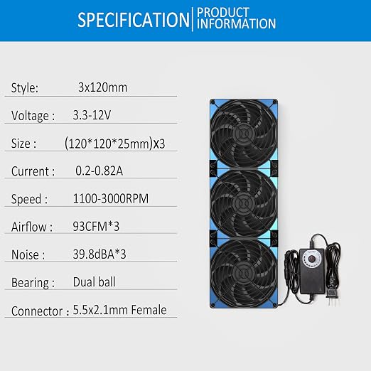 120mmx3 360mm Adjustable Computer PC Vent Fans 3-12V Speed Controller