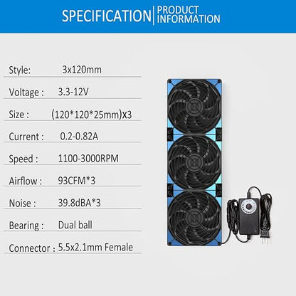 120mmx3 360mm Adjustable Computer PC Vent Fans 3-12V Speed Controller