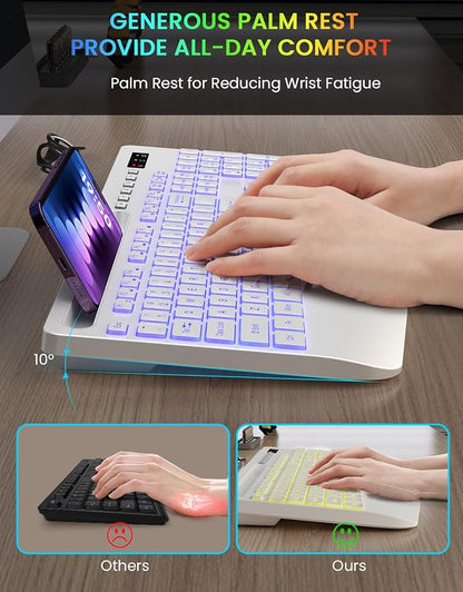 Wireless Keyboard with 7 Colored Backlit, Wrist Rest, Phone Holder,