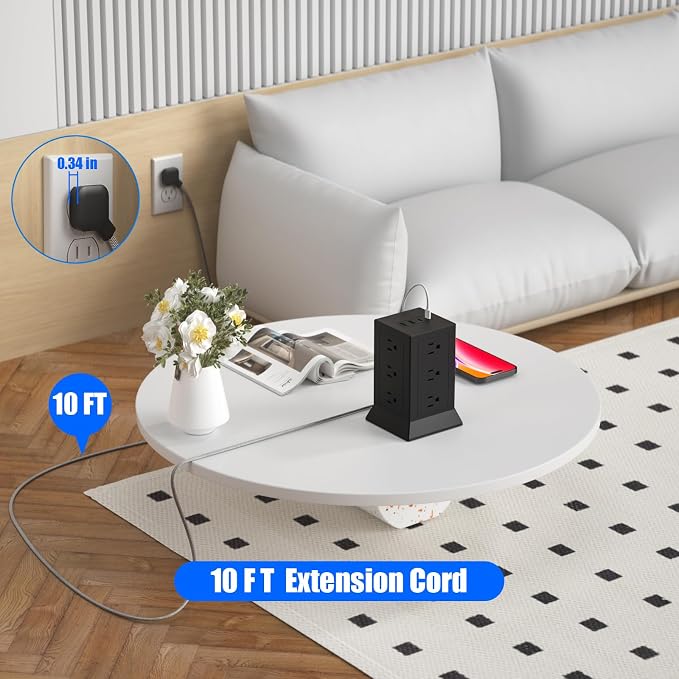 Power Strip Tower with Multiple Outlets, 10 Ft Extension Cord Flat Plug with 12