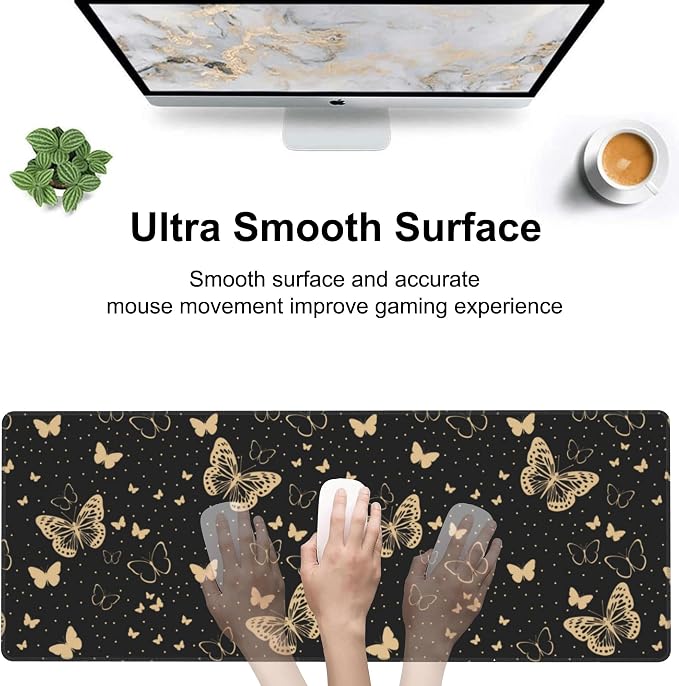 Golden Butterflies Desk Mat, Large Butterfly and Round Spots Gaming Keyboard